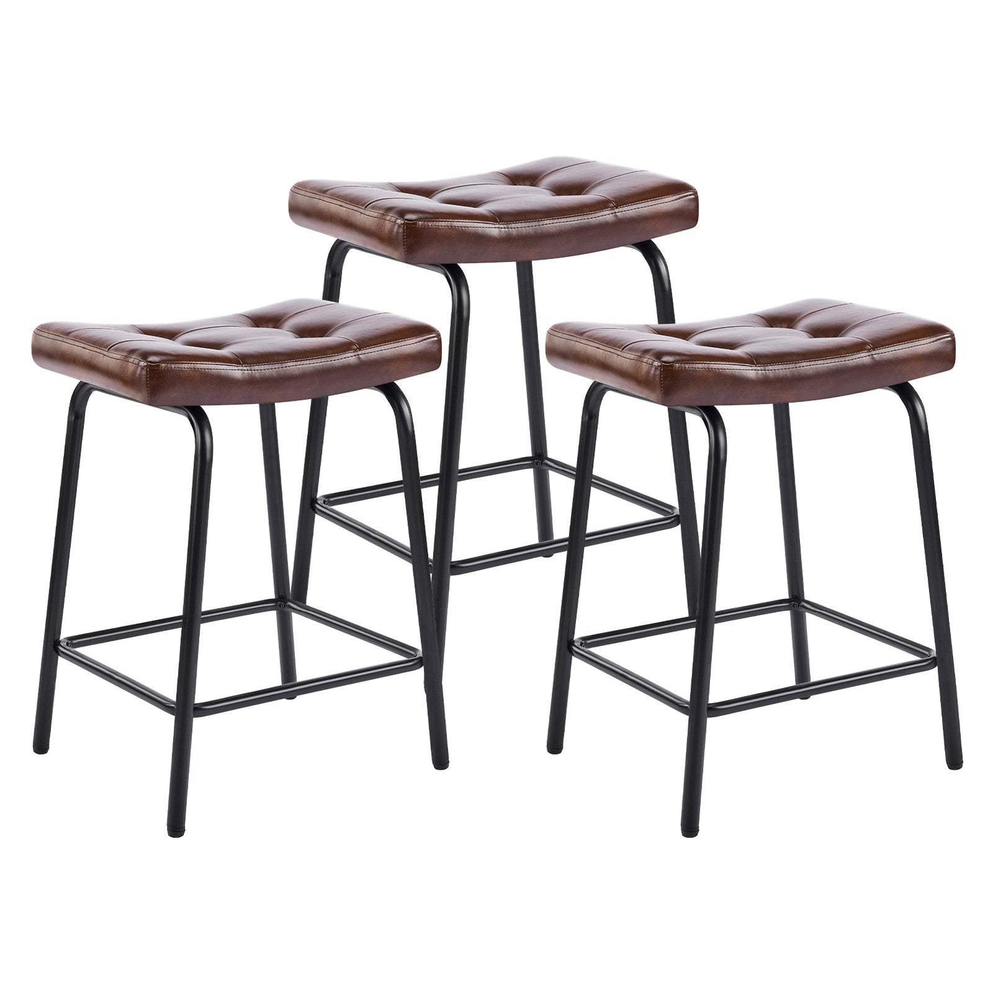 Set of Three 23" Brown and Black Faux Leather and Metal Counter Height Bar Chairs - HomeRoots - Flyclothing LLC