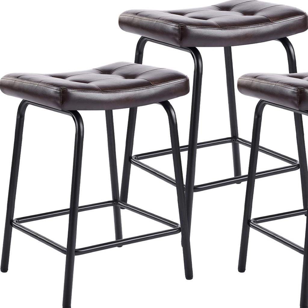 Set of Three 23" Dark Brown and Black Faux Leather and Metal Counter Height Bar Chairs - HomeRoots - Flyclothing LLC