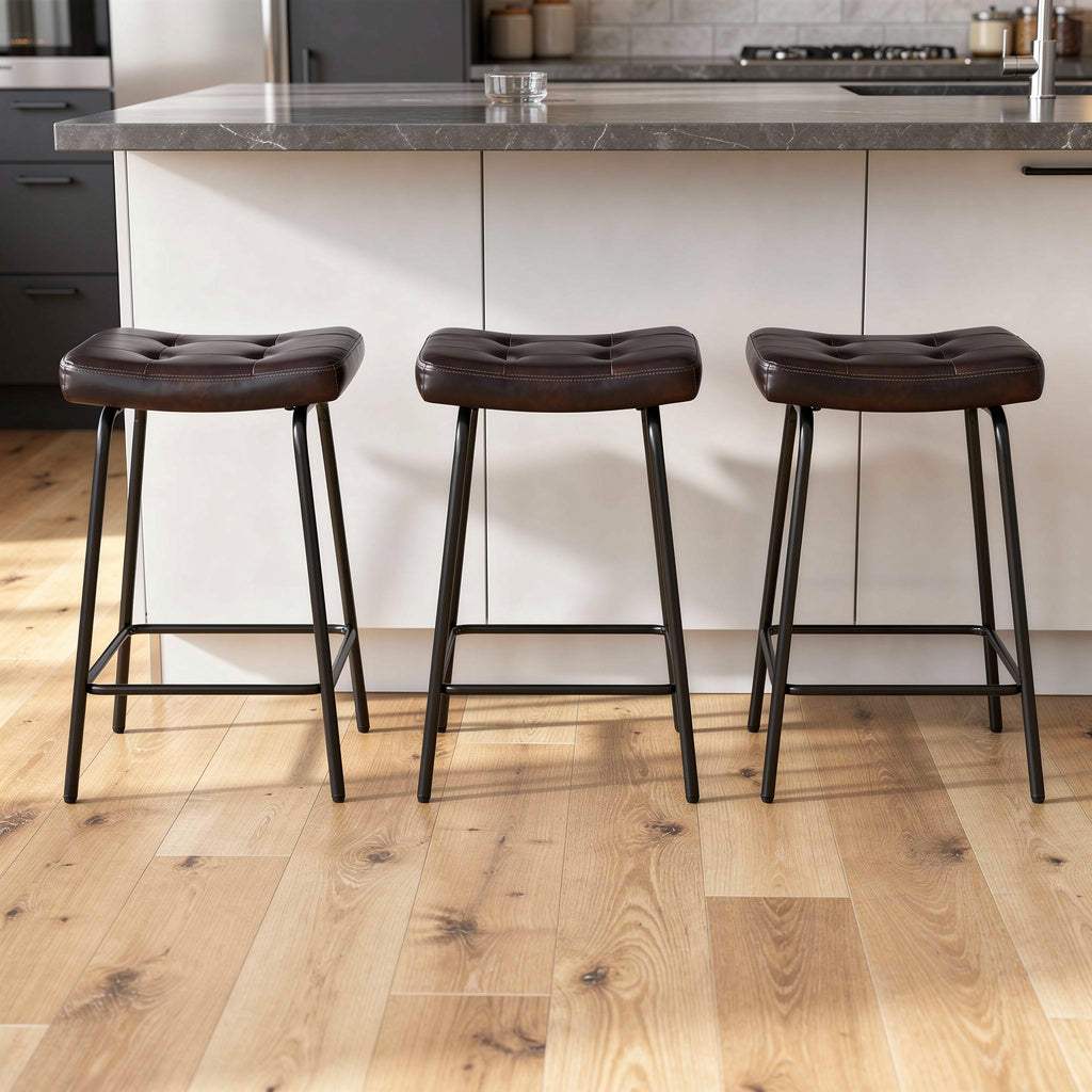 Set of Three 23" Dark Brown and Black Faux Leather and Metal Counter Height Bar Chairs - HomeRoots - Flyclothing LLC