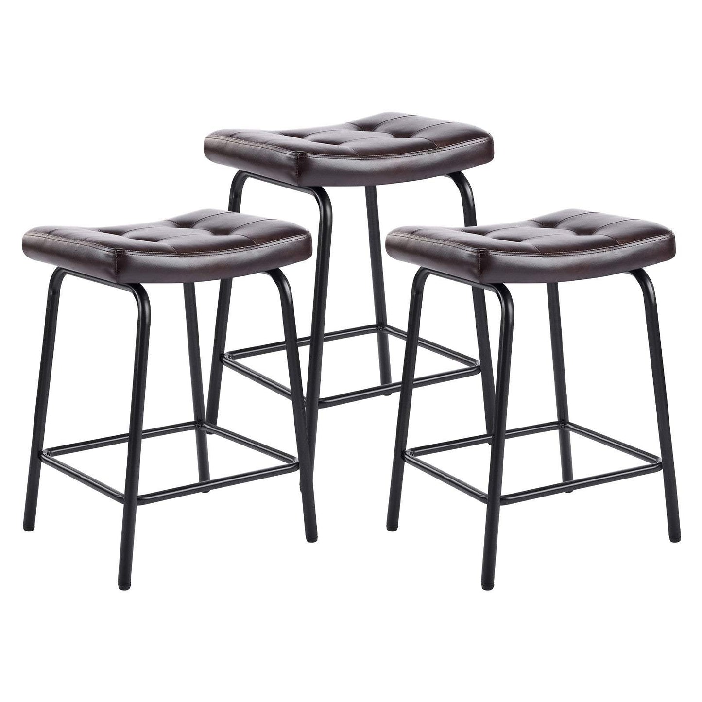 Set of Three 23" Dark Brown and Black Faux Leather and Metal Counter Height Bar Chairs - HomeRoots - Flyclothing LLC