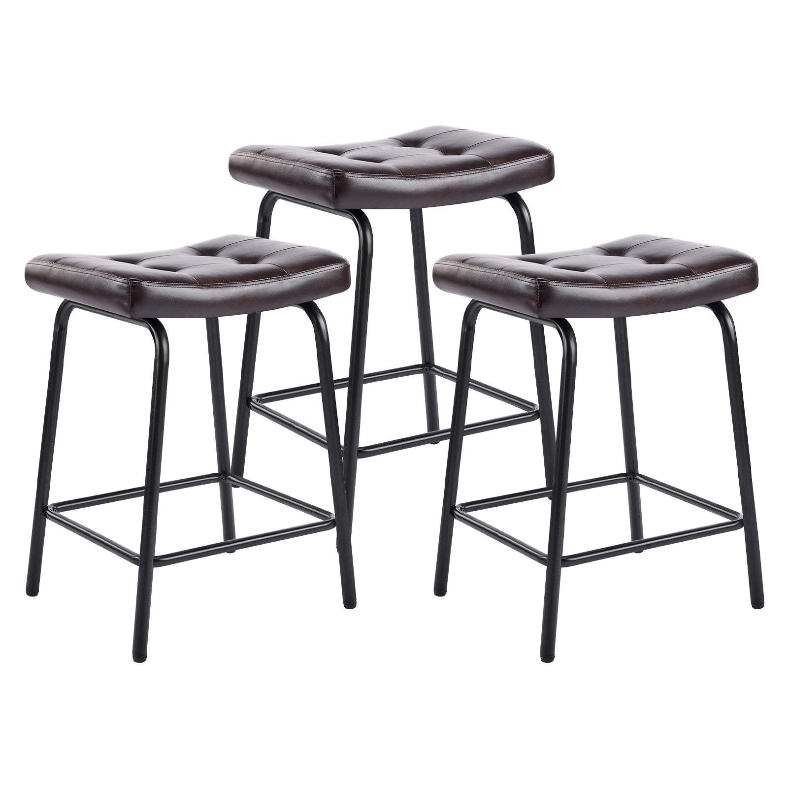 Set of Three 23" Dark Brown and Black Faux Leather and Metal Counter Height Bar Chairs - HomeRoots - Flyclothing LLC