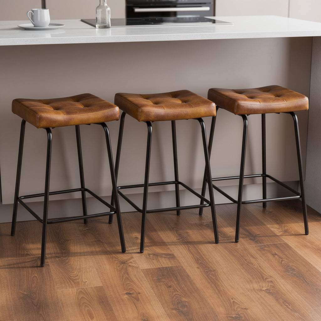 Set of Three 23" Light Brown and Black Faux Leather and Metal Counter Height Bar Chairs - HomeRoots - Flyclothing LLC