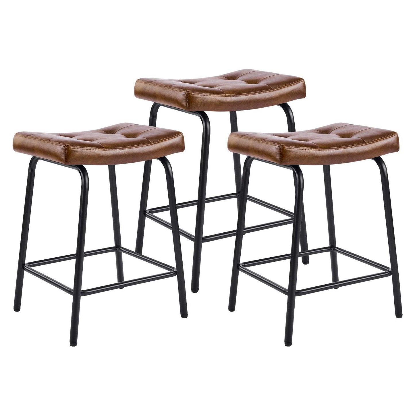 Set of Three 23" Light Brown and Black Faux Leather and Metal Counter Height Bar Chairs - HomeRoots - Flyclothing LLC
