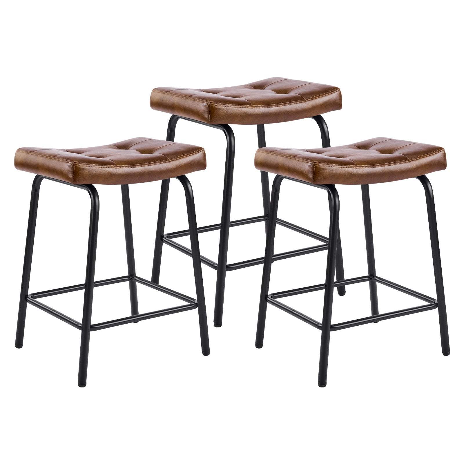 Set of Three 23" Light Brown and Black Faux Leather and Metal Counter Height Bar Chairs - HomeRoots - Flyclothing LLC