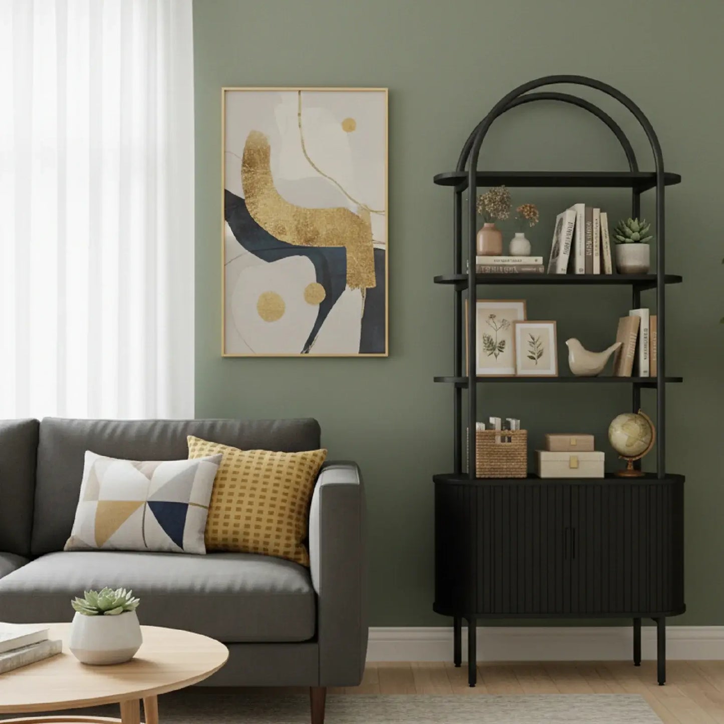 71" Black Wood Four Tier Arched Etagere Bookcase with Two Doors - Homeroots - Flyclothing LLC