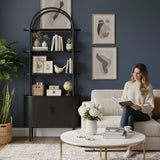 71" Black Wood Four Tier Arched Etagere Bookcase with Two Doors - Homeroots - Flyclothing LLC