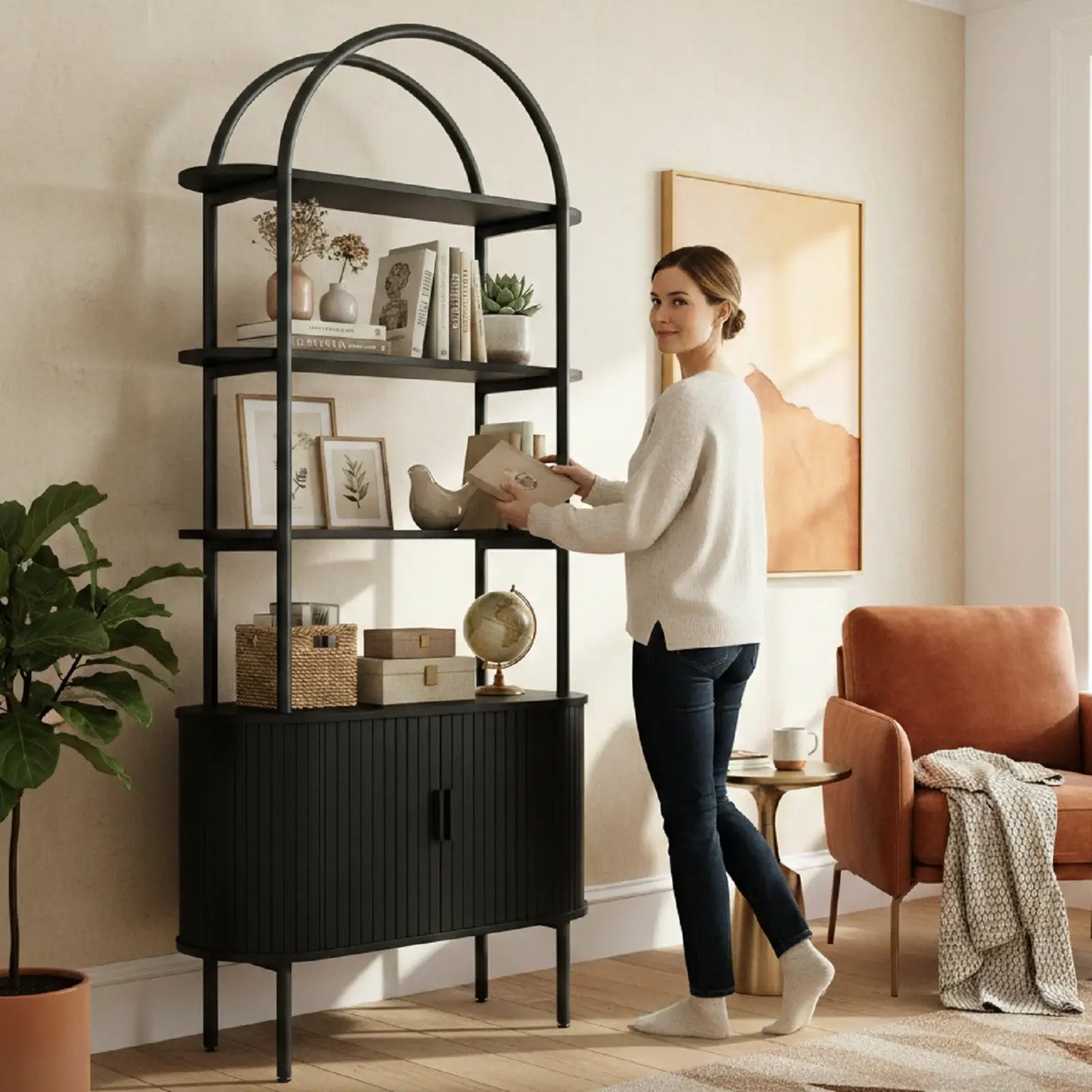 71" Black Wood Four Tier Arched Etagere Bookcase with Two Doors - Homeroots - Flyclothing LLC