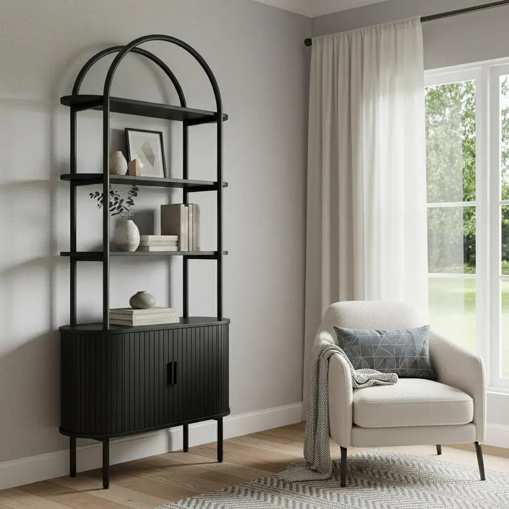 71" Black Wood Four Tier Arched Etagere Bookcase with Two Doors - Homeroots - Flyclothing LLC