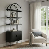 71" Black Wood Four Tier Arched Etagere Bookcase with Two Doors - Homeroots - Flyclothing LLC