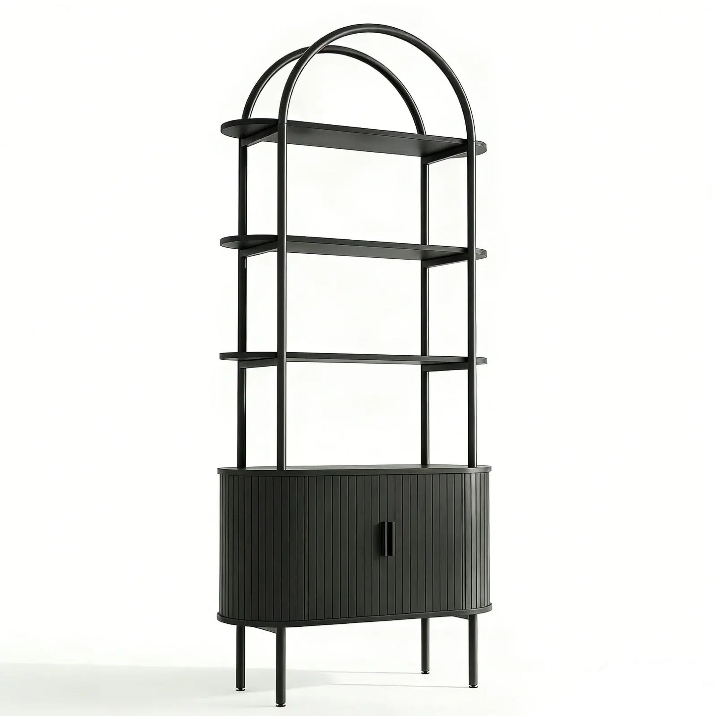 71" Black Wood Four Tier Arched Etagere Bookcase with Two Doors - Homeroots - Flyclothing LLC
