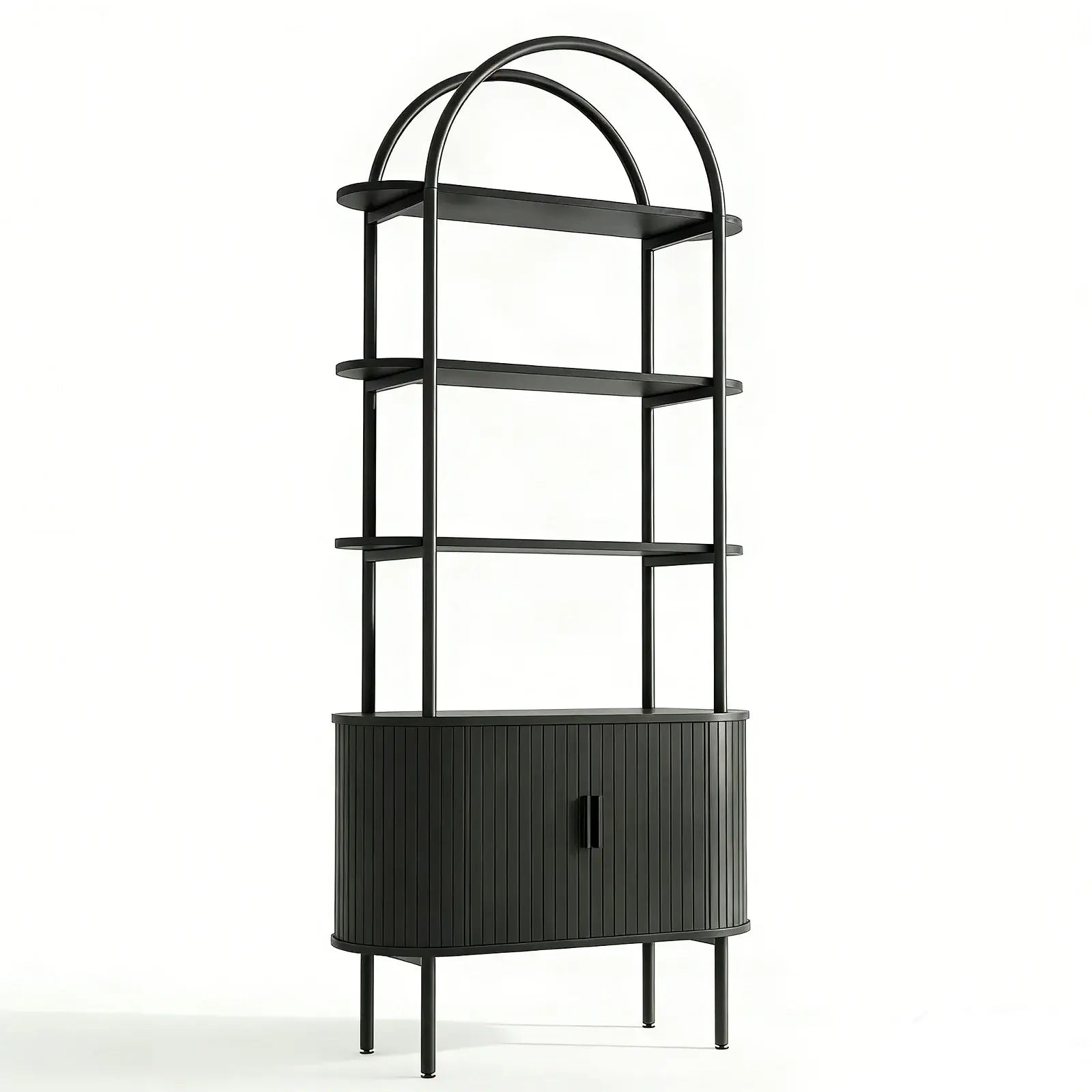 71" Black Wood Four Tier Arched Etagere Bookcase with Two Doors - Homeroots - Flyclothing LLC