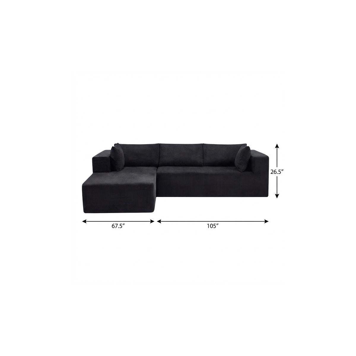 105" Black Corduroy Modular Left Chaise Style Sofa With Toss Pillows - HomeRoots - Flyclothing LLC
