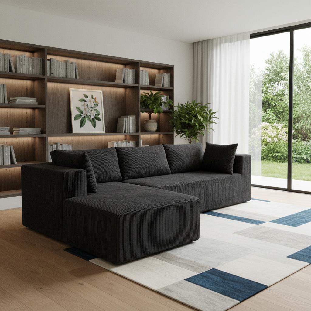 105" Black Corduroy Modular Left Chaise Style Sofa With Toss Pillows - HomeRoots - Flyclothing LLC