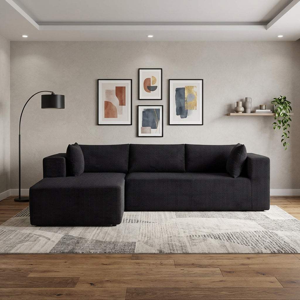 105" Black Corduroy Modular Left Chaise Style Sofa With Toss Pillows - HomeRoots - Flyclothing LLC