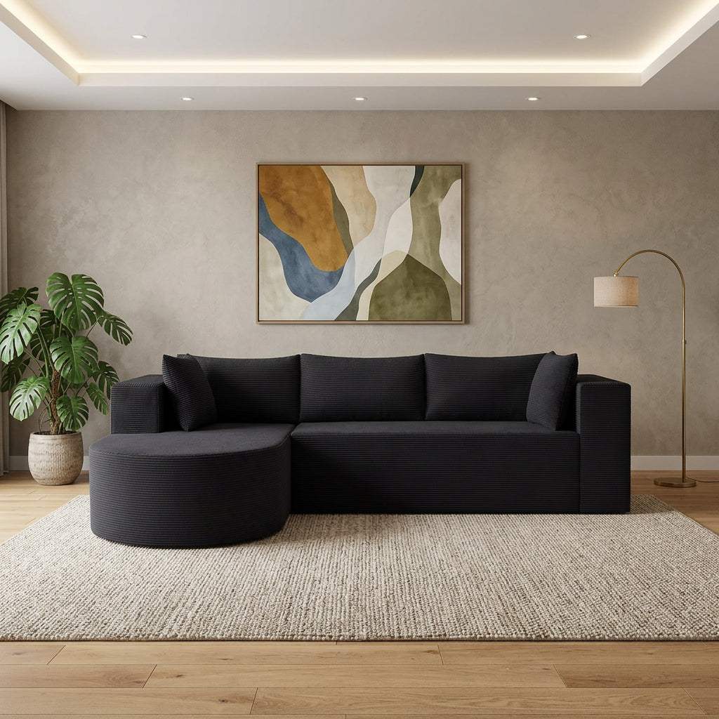 105" Black Corduroy Modular Left Rounded Chaise Style Sofa With Toss Pillows - HomeRoots - Flyclothing LLC