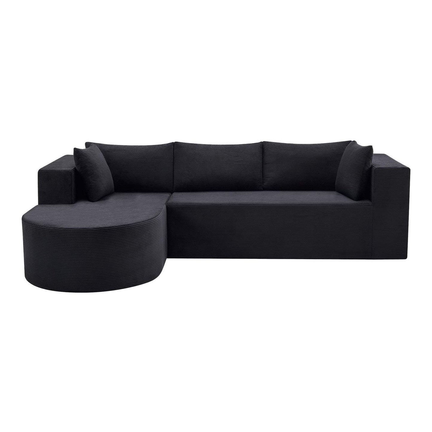 105" Black Corduroy Modular Left Rounded Chaise Style Sofa With Toss Pillows - HomeRoots - Flyclothing LLC