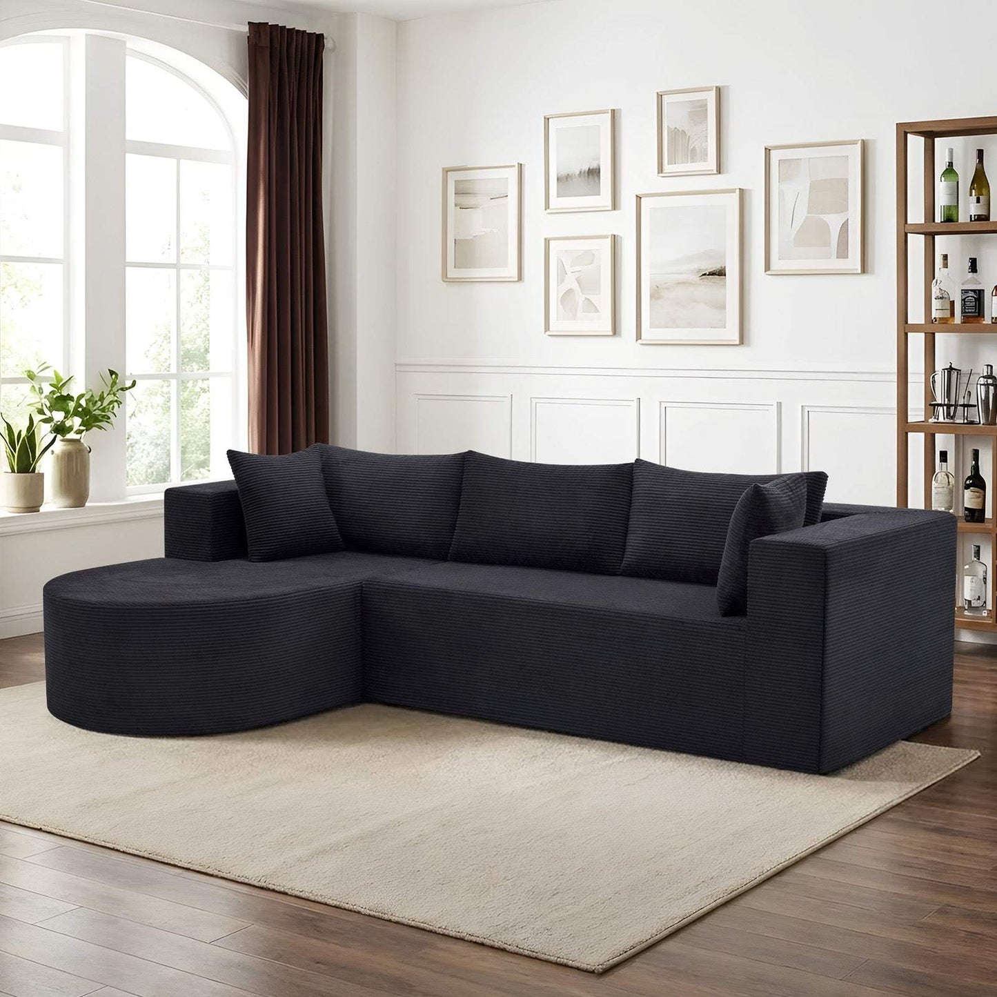 105" Black Corduroy Modular Left Rounded Chaise Style Sofa With Toss Pillows - HomeRoots - Flyclothing LLC