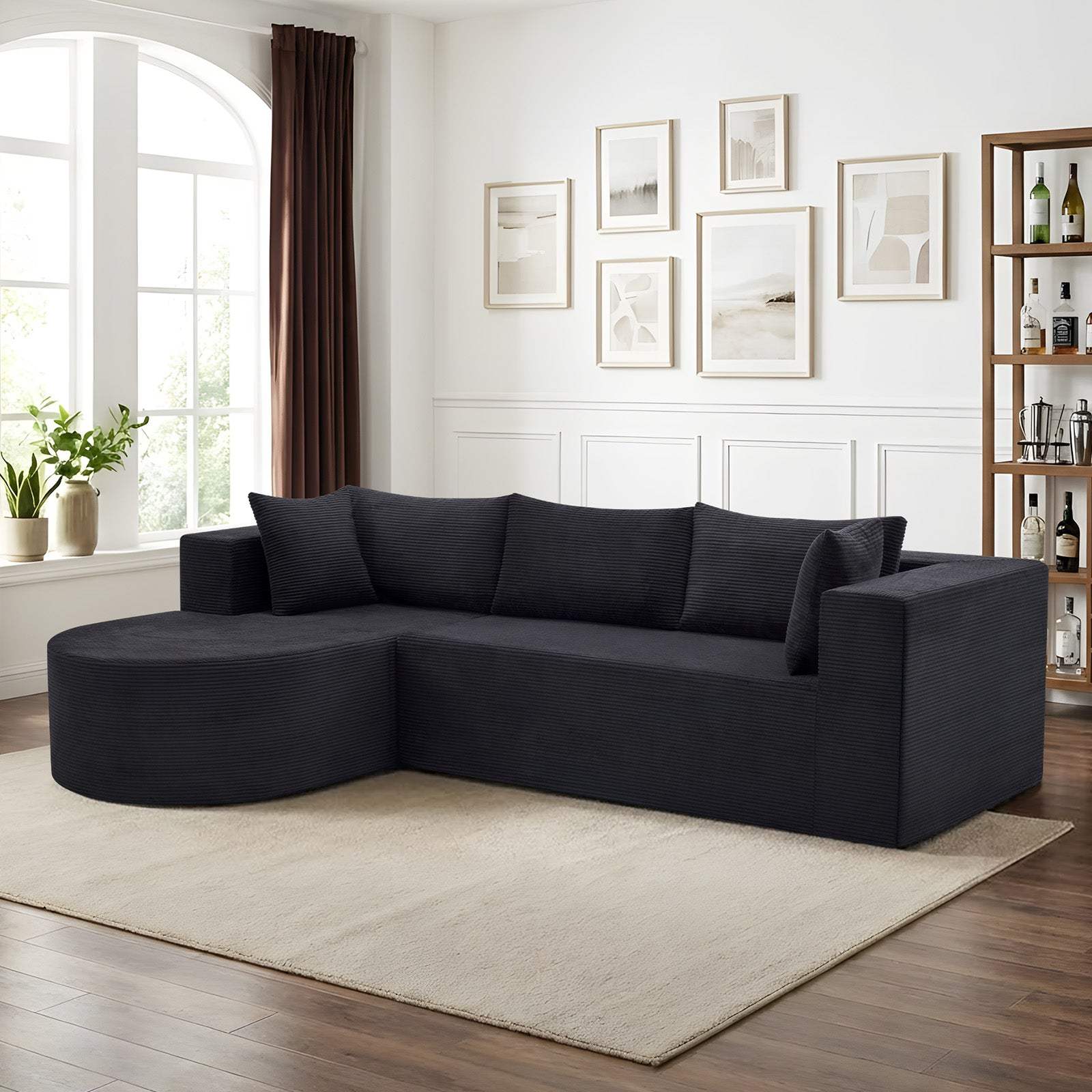 105" Black Corduroy Modular Left Rounded Chaise Style Sofa With Toss Pillows - HomeRoots - Flyclothing LLC