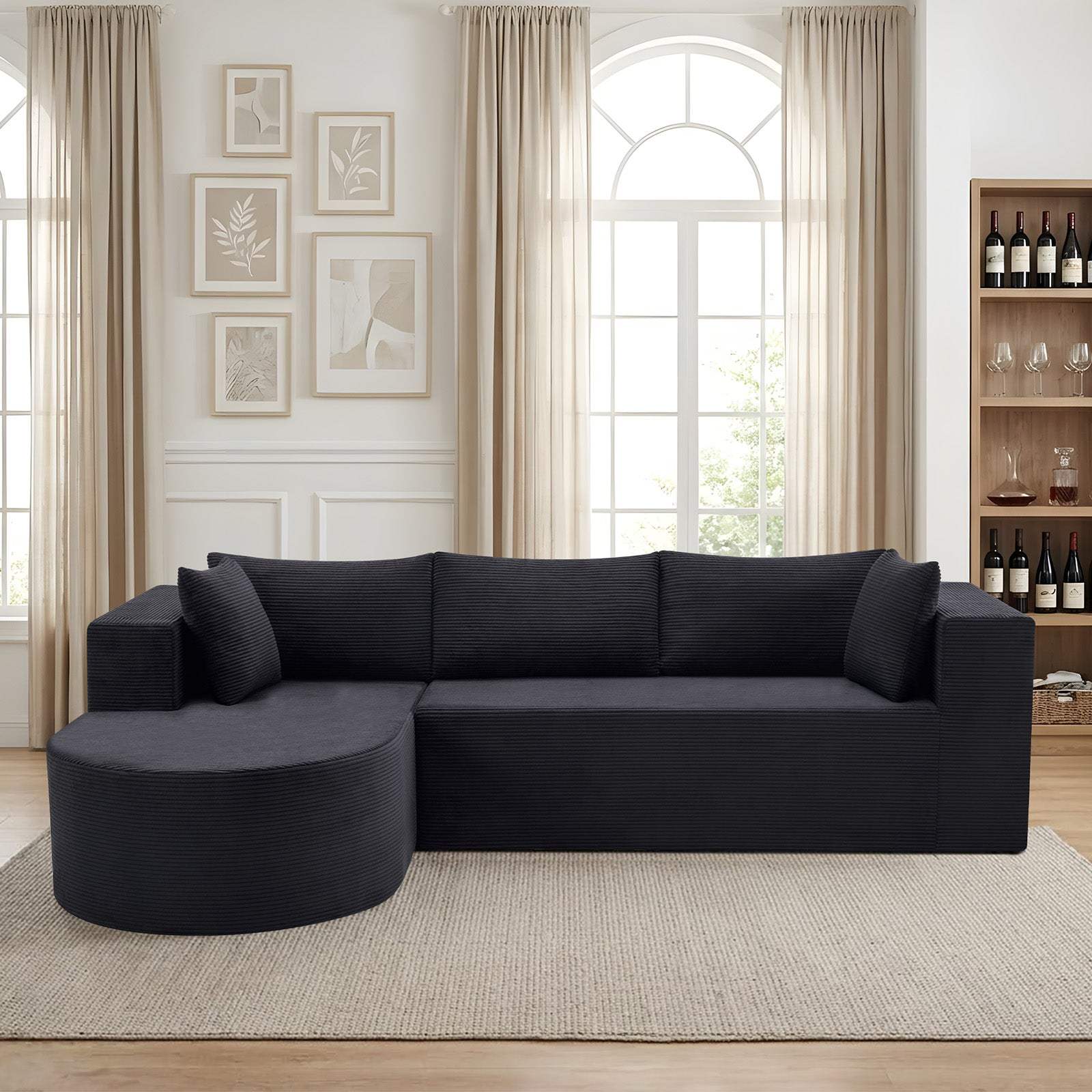 105" Black Corduroy Modular Left Rounded Chaise Style Sofa With Toss Pillows - HomeRoots - Flyclothing LLC