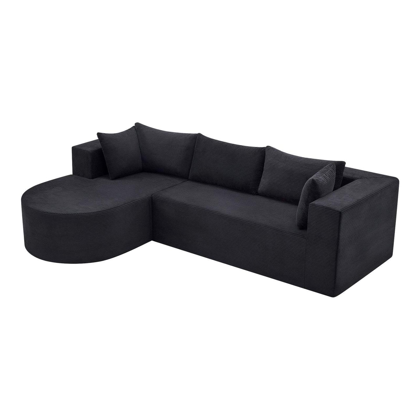 105" Black Corduroy Modular Left Rounded Chaise Style Sofa With Toss Pillows - HomeRoots - Flyclothing LLC