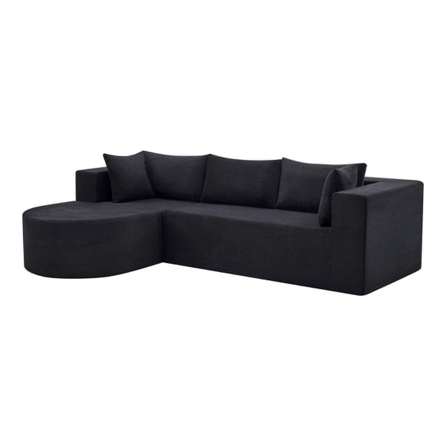 105" Black Corduroy Modular Left Rounded Chaise Style Sofa With Toss Pillows - HomeRoots - Flyclothing LLC