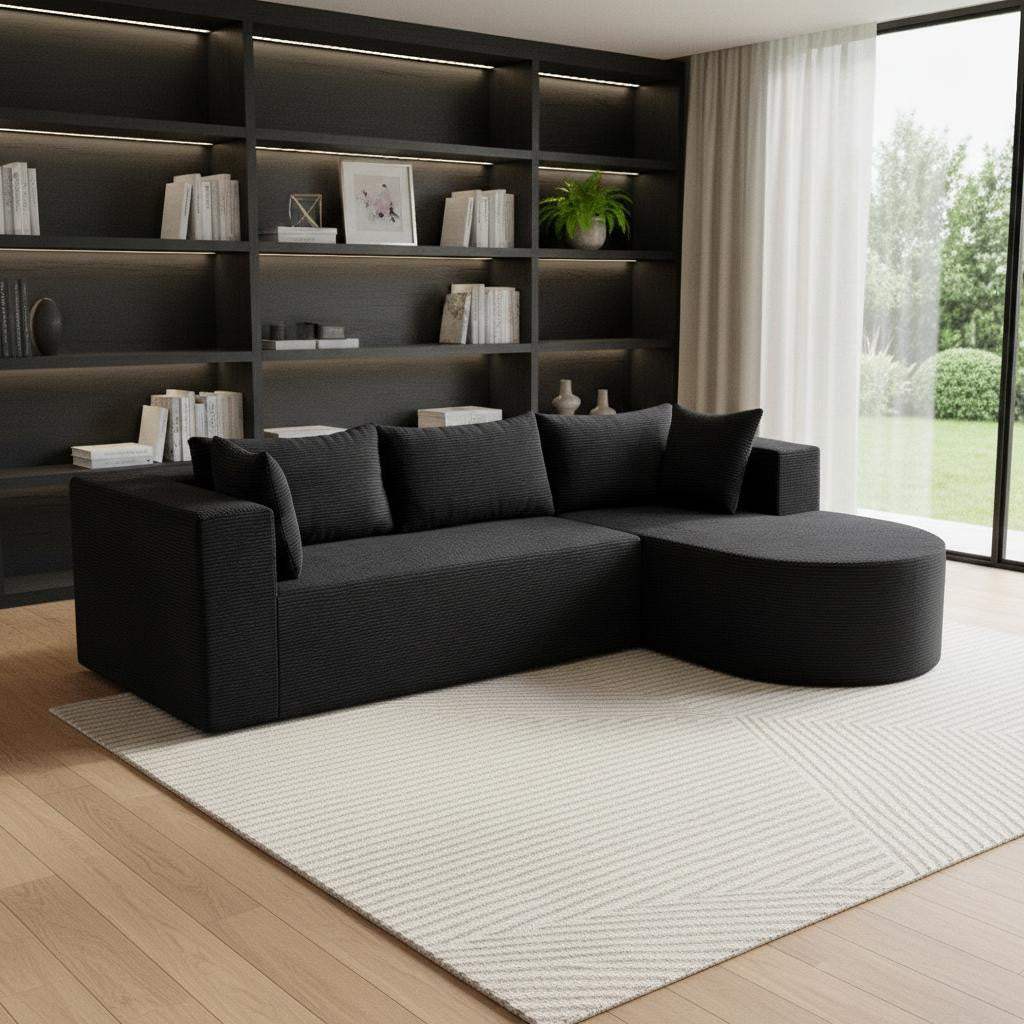 105" Black Corduroy Modular Right Rounded Chaise Style Sofa With Toss Pillows - HomeRoots - Flyclothing LLC