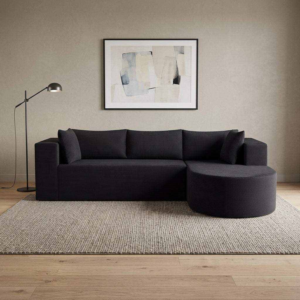 105" Black Corduroy Modular Right Rounded Chaise Style Sofa With Toss Pillows - HomeRoots - Flyclothing LLC