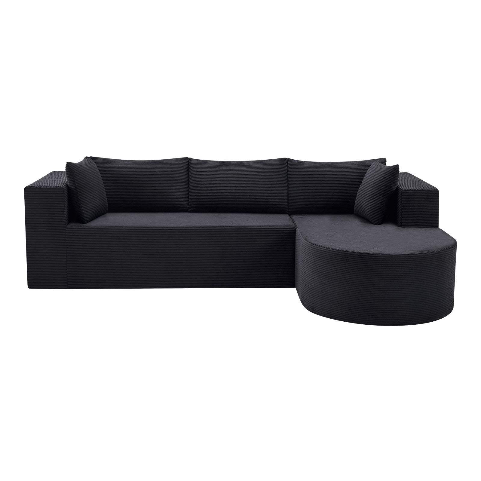 105" Black Corduroy Modular Right Rounded Chaise Style Sofa With Toss Pillows - HomeRoots - Flyclothing LLC
