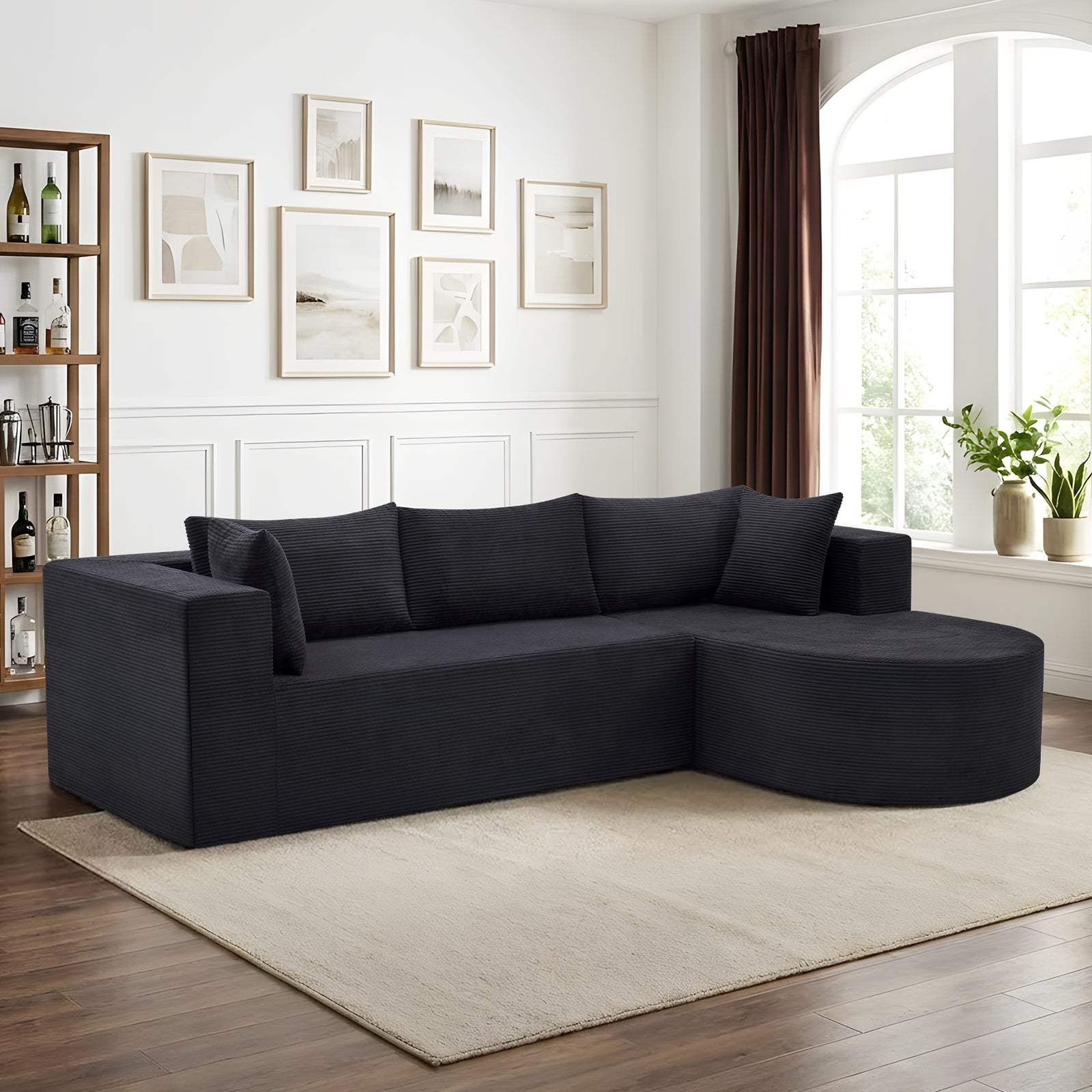 105" Black Corduroy Modular Right Rounded Chaise Style Sofa With Toss Pillows - HomeRoots - Flyclothing LLC