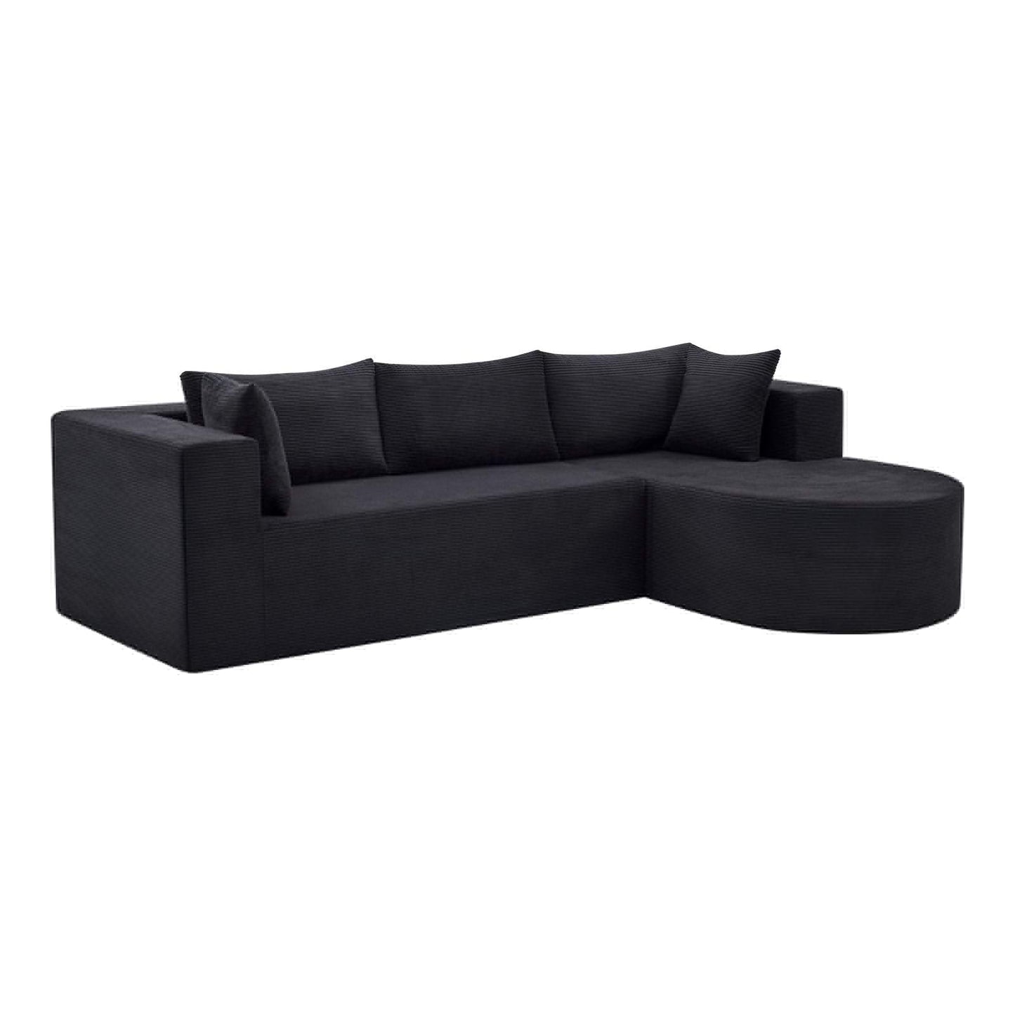 105" Black Corduroy Modular Right Rounded Chaise Style Sofa With Toss Pillows - HomeRoots - Flyclothing LLC