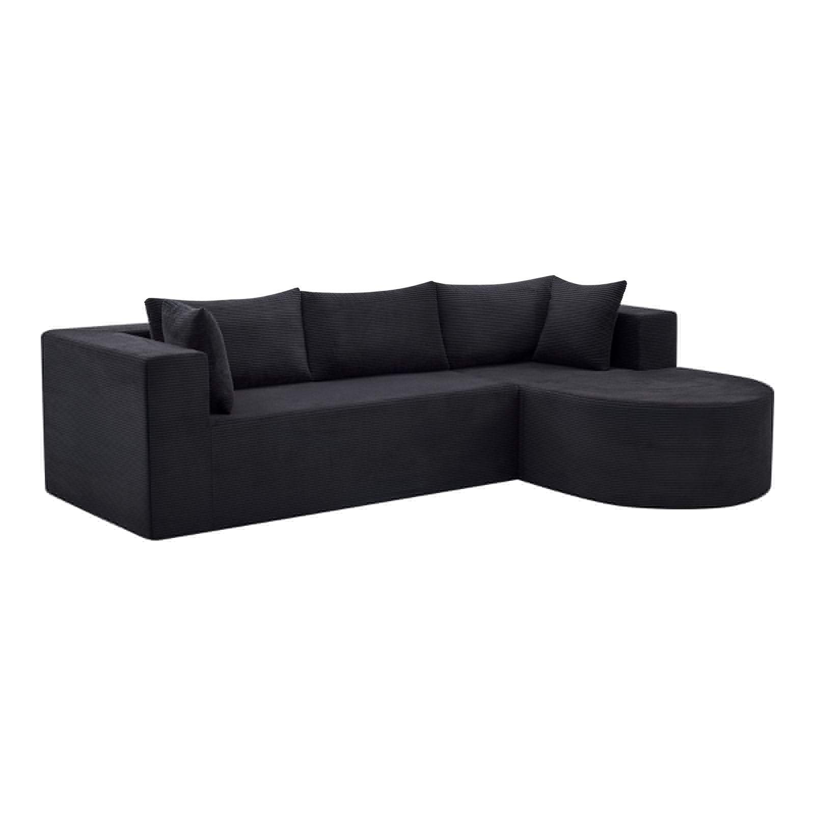 105" Black Corduroy Modular Right Rounded Chaise Style Sofa With Toss Pillows - HomeRoots - Flyclothing LLC