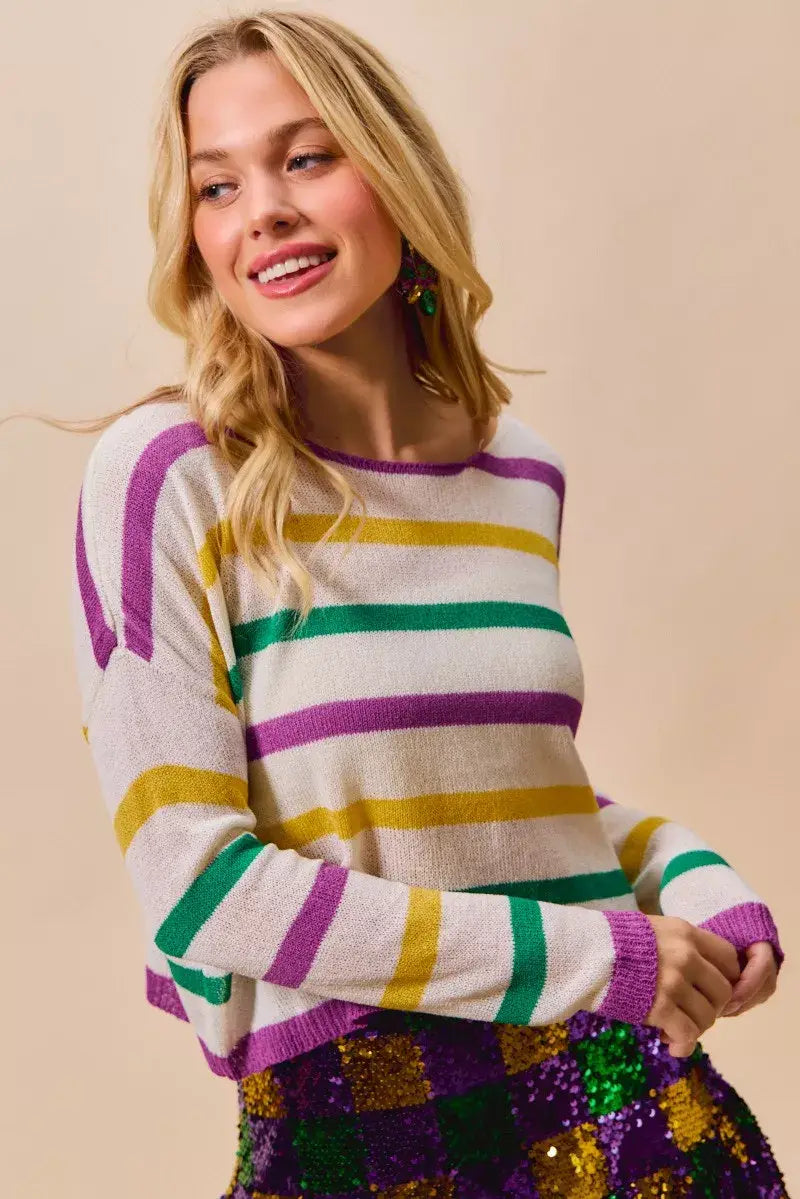 SO ME Mardi Gras Color Stripe Lightweight Sweater Top - Trendsi - Flyclothing LLC