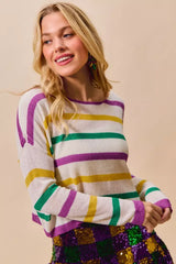 SO ME Mardi Gras Color Stripe Lightweight Sweater Top - Trendsi - Flyclothing LLC