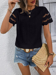 Full Size Eyelet Round Neck Short Sleeve Top - Trendsi