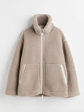 Zip Up Turtleneck Long Sleeve Plush Jacket - Trendsi