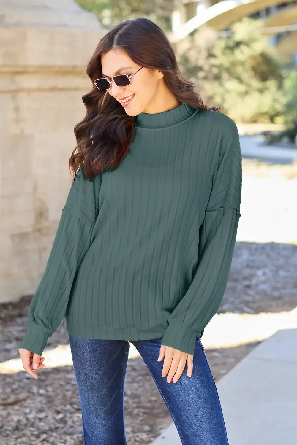 Basic Bae Full Size Ribbed Exposed Seam Mock Neck Knit Top - ShopBasicbae - Flyclothing LLC