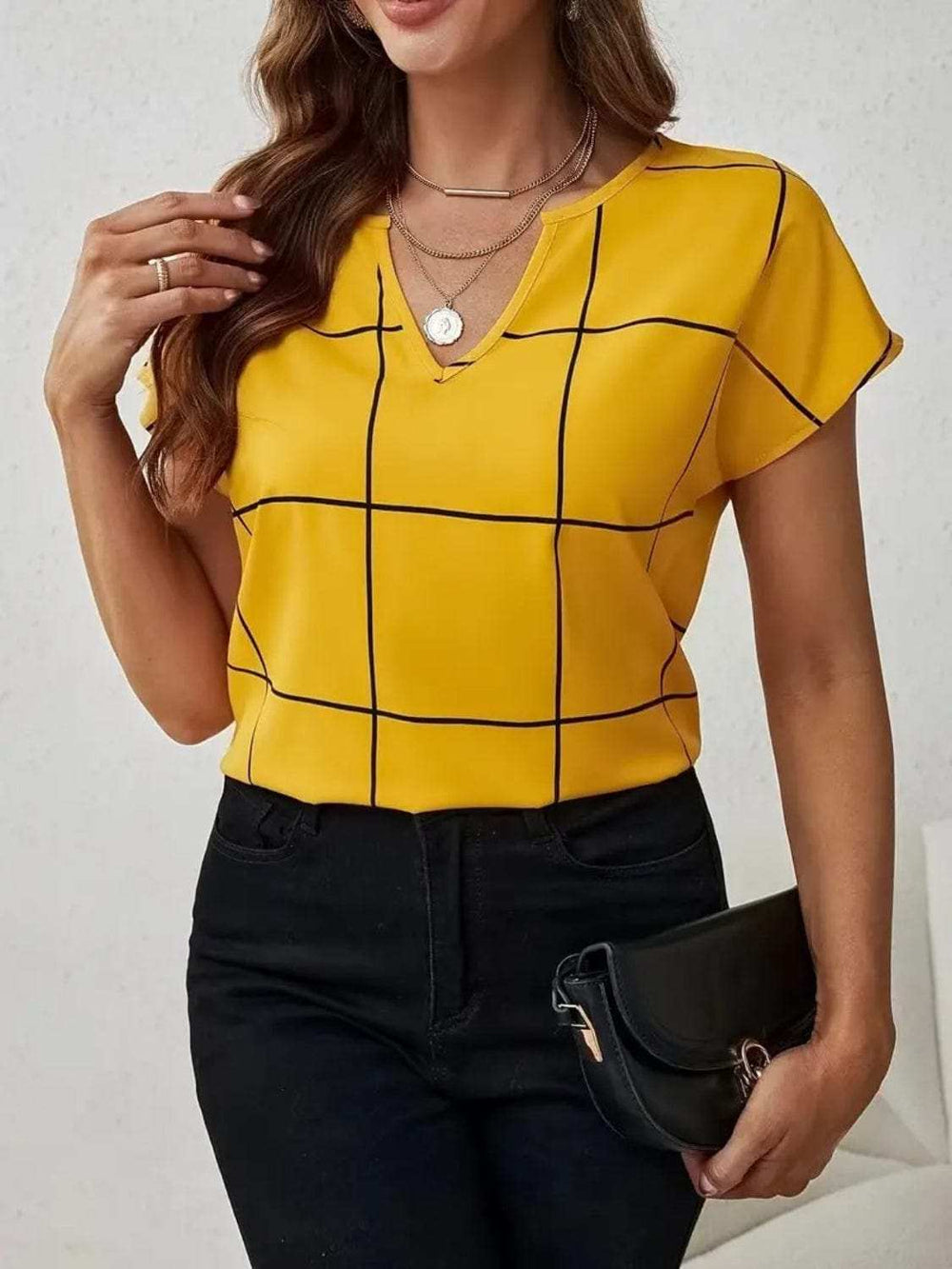 Plaid Contrast Notched Blouse - Trendsi - Flyclothing LLC