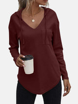 Drawstring Waffle Knit Long Sleeve Hooded Top - Trendsi - Flyclothing LLC