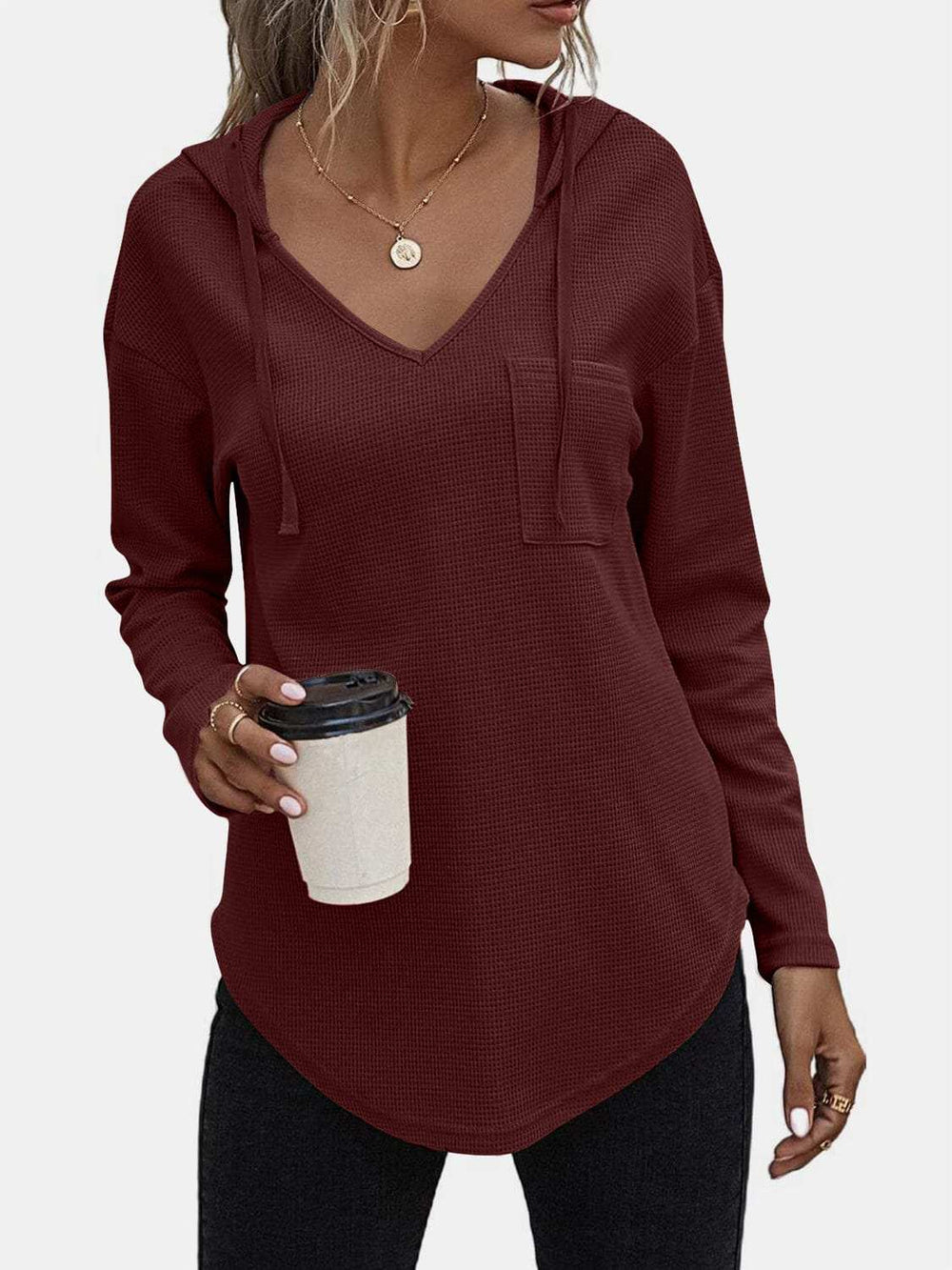Drawstring Waffle Knit Long Sleeve Hooded Top - Trendsi - Flyclothing LLC