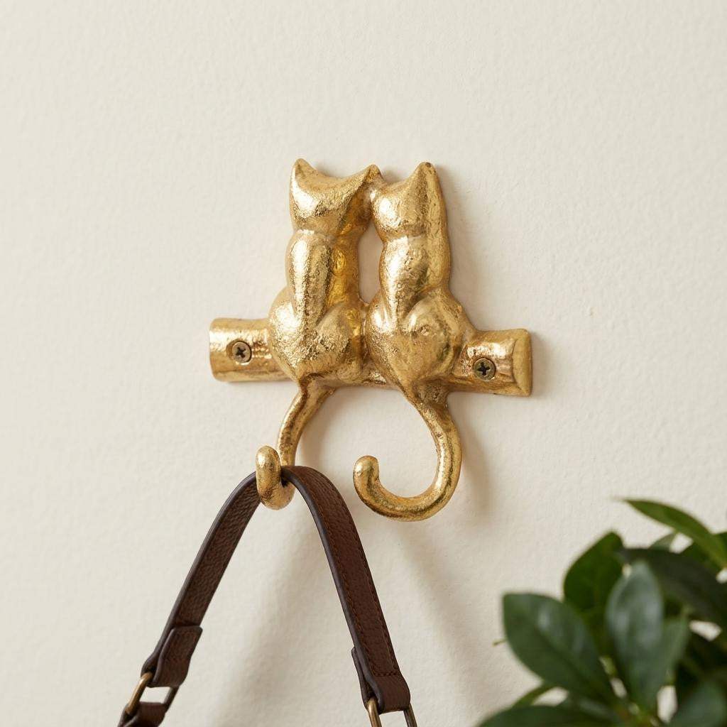 Two Hook 5" Gold Cast Iron Cats Wall Hooks - HomeRoots - Flyclothing LLC