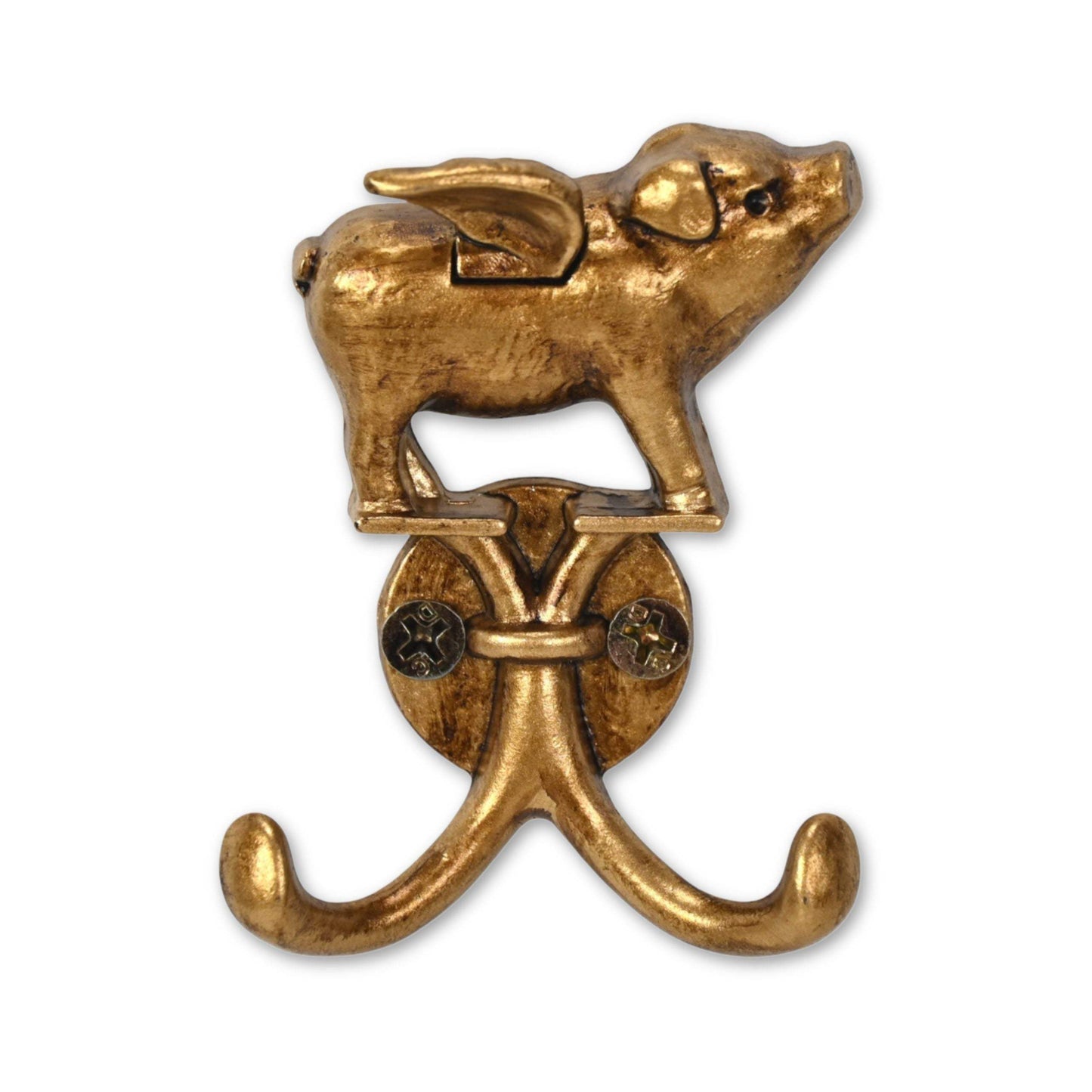 Two Hook 2" Antiqued Gold Cast Iron Pig Wall Hooks - HomeRoots - Flyclothing LLC