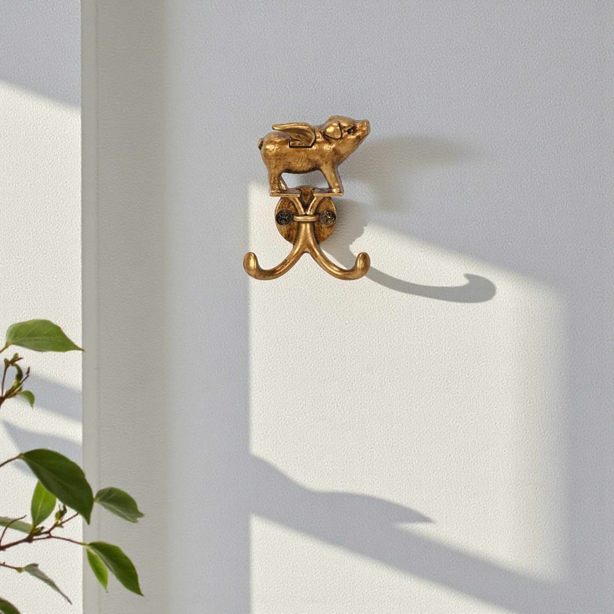 Two Hook 2" Antiqued Gold Cast Iron Pig Wall Hooks - HomeRoots - Flyclothing LLC