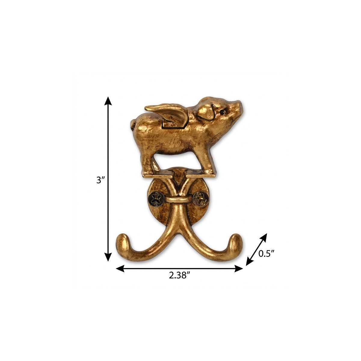 Two Hook 2" Antiqued Gold Cast Iron Pig Wall Hooks - HomeRoots - Flyclothing LLC