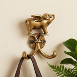Two Hook 2" Antiqued Gold Cast Iron Pig Wall Hooks - HomeRoots - Flyclothing LLC