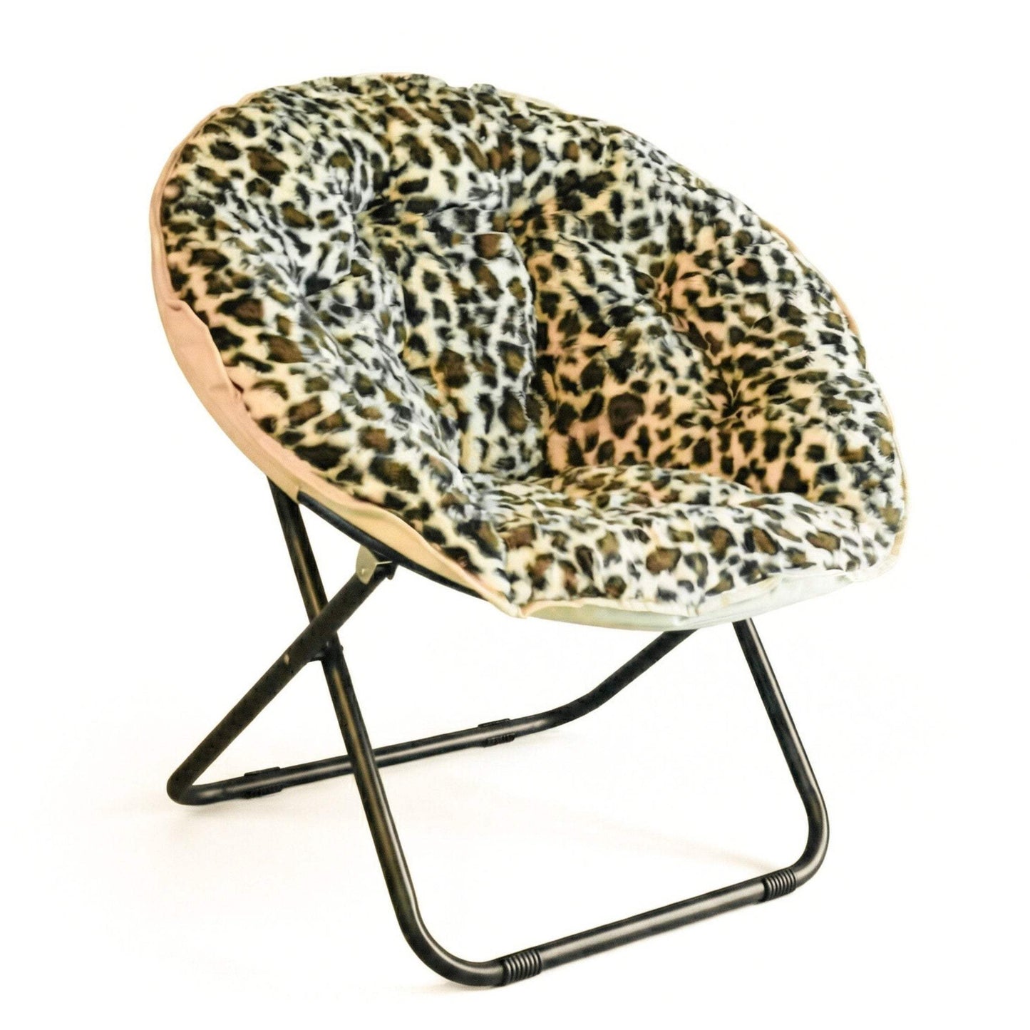 33" Beige Brown And Tufted Faux Fur and Metal Leopard Folding Lounge Chair - HomeRoots - Flyclothing LLC
