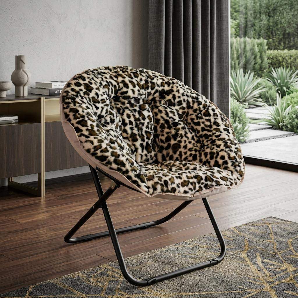 33" Beige Brown And Tufted Faux Fur and Metal Leopard Folding Lounge Chair - HomeRoots - Flyclothing LLC