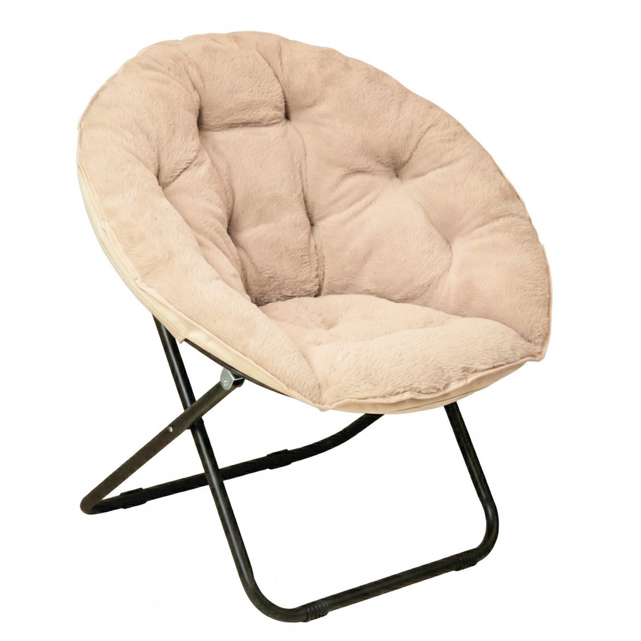 33" Champagne and Black Tufted Faux Fur and Metal Folding Lounge Chair - HomeRoots - Flyclothing LLC