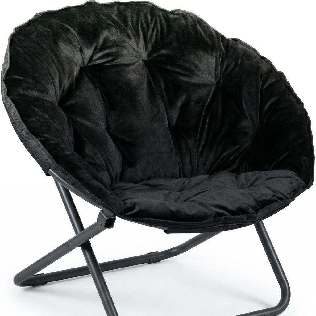 33" Black Tufted Faux Fur and Metal Folding Lounge Chair - HomeRoots - Flyclothing LLC