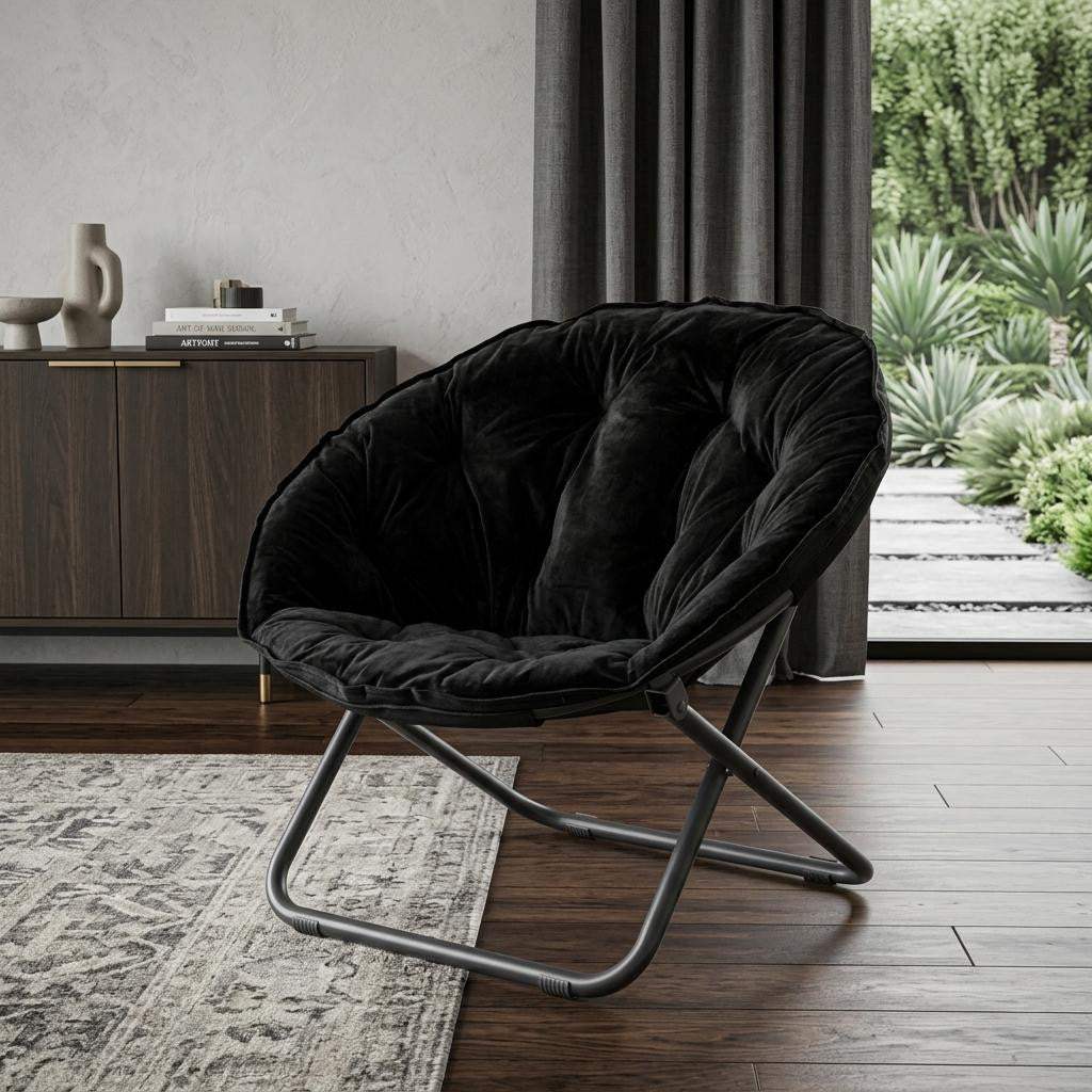 33" Black Tufted Faux Fur and Metal Folding Lounge Chair - HomeRoots - Flyclothing LLC