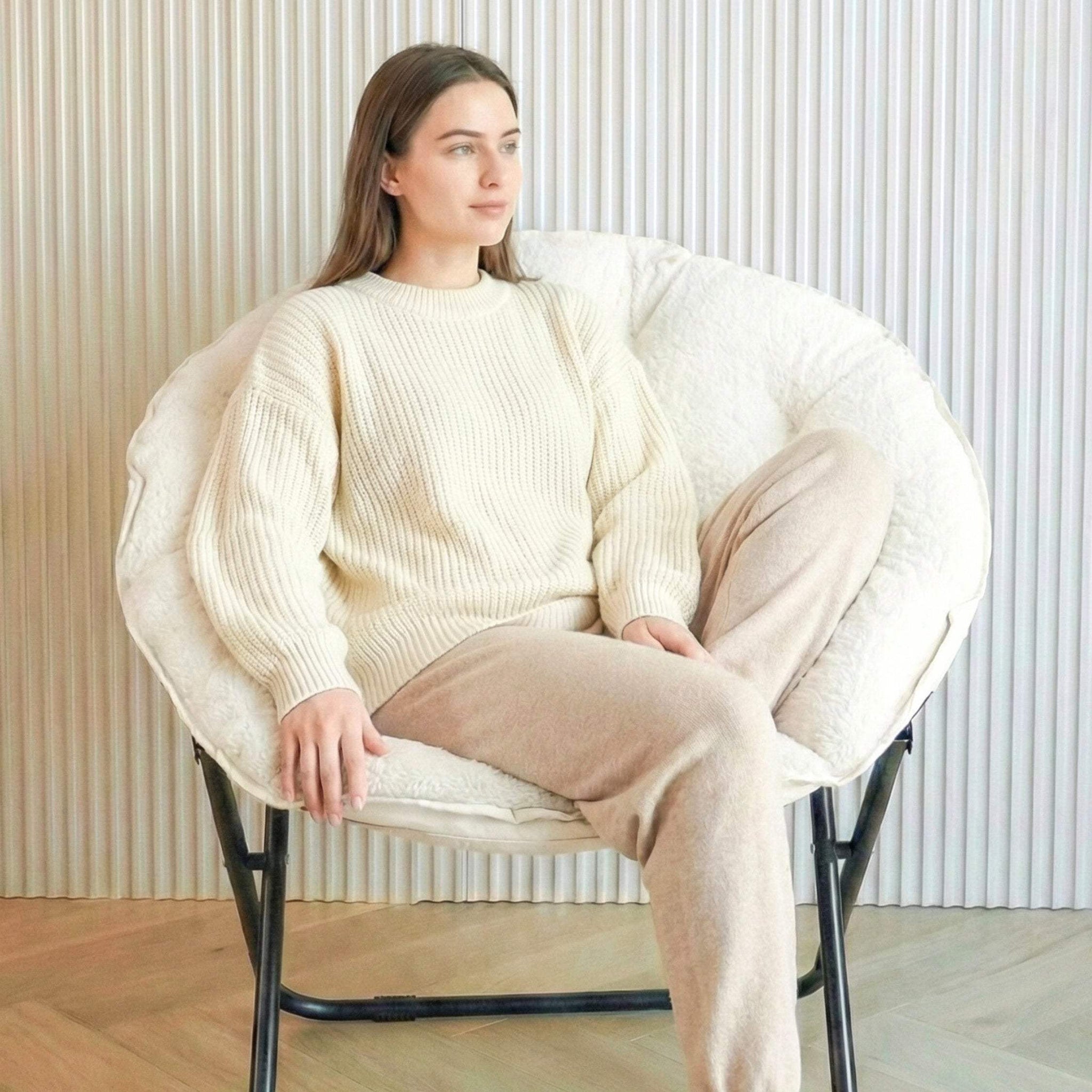 33" White Tufted Faux Fur and Metal Folding Lounge Chair - HomeRoots - Flyclothing LLC